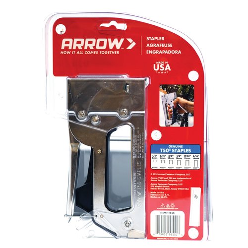 Arrow T55C Heavy Duty Staple Gun for Upholstery, Wood, Crafts, DIY and Professional Uses, All-Chrome Construction, Manual Stapler Uses 1/4”, 5/16”, 3/8", 1/2", or 9/16” Staples