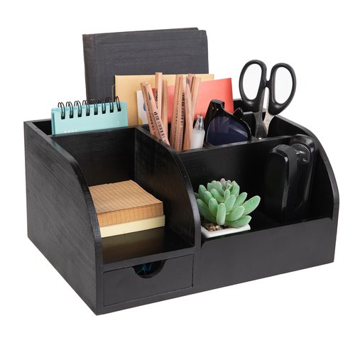 VERGOODR Office Desk Drawer Supply Organizer and Accessories, Wood Desk Organizer with 6 Compartments & 1 Drawer Binders Folder Papers Holder Pen Holder Office Desktop File Organizer (black)
