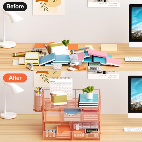 Marbrasse 3 Tier Mesh Desk Organizer with Drawer, Multi-Functional Desk Organizers and Accessories, Paper Letter Organizer with 2 Pen Holder for Home Office Supplies - Rose Gold