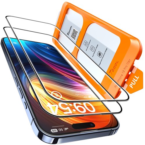TOCOL for iPhone 15 Pro Max Screen Protector 9H Hardness Military Grade Shatterproof HD Tempered Glass for Full Coverage Easy Installation 2 Pack