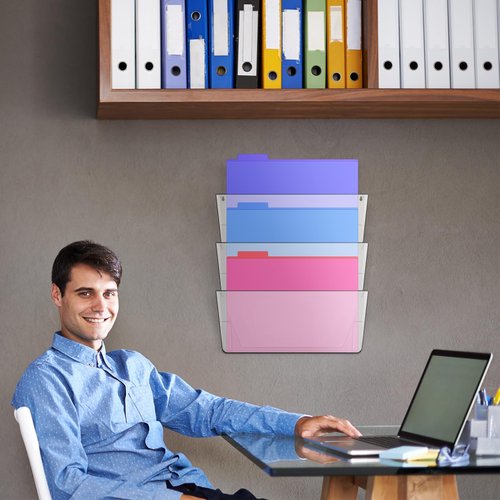 Threehoney 6 Pcs Legal Size Clear Single Pocket Wall Mount File Holder Plastic Hanging Wall Organizer with Double Sided and Screws Wall Mount Mails Magazines Organizer for Office and Home