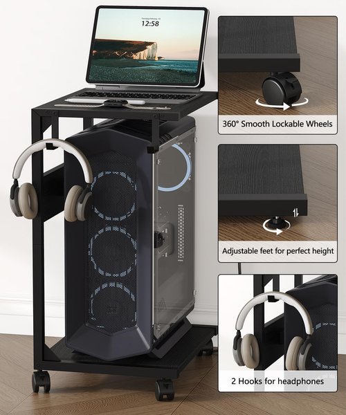 Akxomel 2 Tier Computer Tower Stand with Charging Station, 11.8"D x 16.5"W Rolling Floor PC Tower Stand Fits Under Desk, CPU Holder Cart for Carpet with Hooks, Home Office