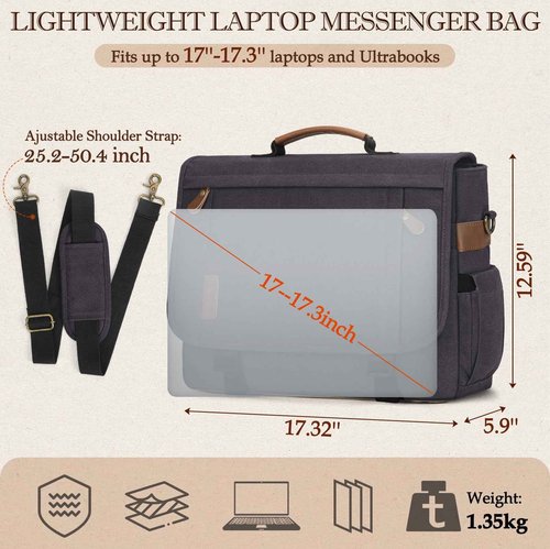 RAINSMORE Messenger Bag for Men 17-17.3 Inch Laptop Bag Water-resistant Canvas Computer Shoulder Bag Office Work Briefcase Large Casual Satchel Bags for Men Bookbag for College, Gray