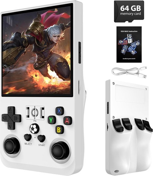 R36MAX Retro Handheld Game Console - 4.0 Inch IPS Screen, 64GB Memory | Portable Arcade Gift in Pearl White