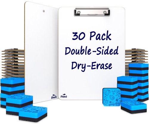 SCRIBBLEDO 30 Pack Double Sided Dry Erase Clipboards 9"x12" Durable Clipboards Bulk with 30 Dry Erase Erasers, Clipboard with Low Profile Clip for School, Classroom and Home Use