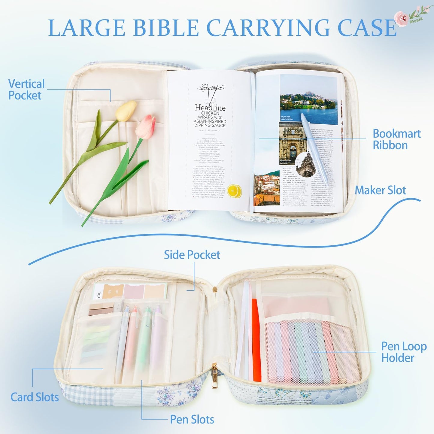 Skiennix Bible Cover Case for Women - Large Quilted Carrying Bag with Handles | Cotton Blue Patchwork, M