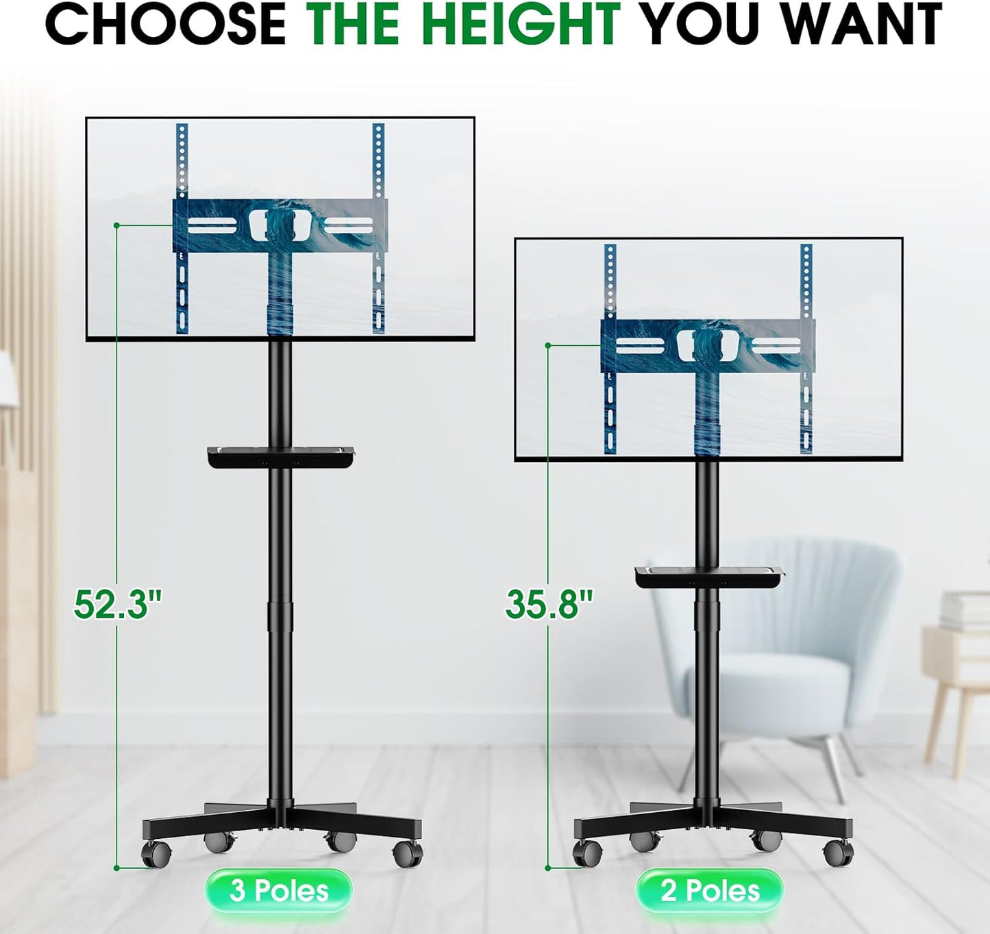 Skiennix Mobile TV Cart - Rolling Stand for 23-60 Inch Screens | Height Adjustable & Portable with Shelf, Black