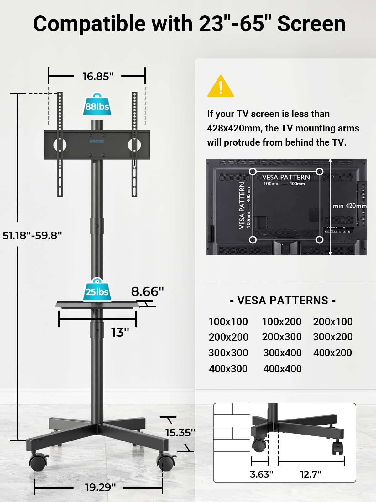 BONTEC Mobile TV Stand for 23-65 Inch TVs, Rolling TV Stand with Locking Wheels, Adjustable Height, Media Shelf, Outdoor TV Stand Max VESA 400x400mm, Holds Up to 88lbs