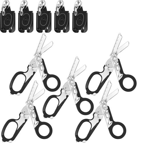 Dekeliy 5PCS 6 in 1 Multi-function Foldable Trauma Shears with Compatible Holster, Emergency Response Scissors Outdoor Camping Emergency Tools With Strap Cutter and Glass Breaker (Black)
