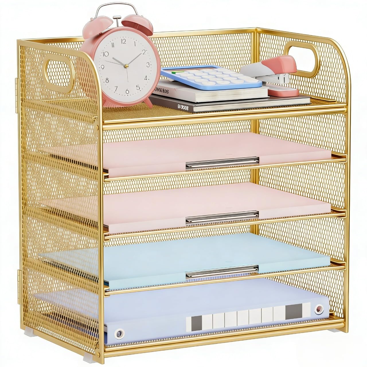 Kinkota Paper Organizer Letter Tray with Handle Mesh 5 Trays Desk File Organizer Paper Sorter Desk Organizer for Office, Home or School-Gold