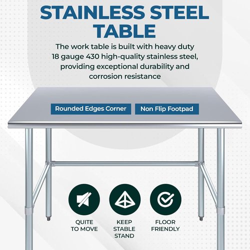 NSF Certified Stainless Steel Work Table | 60" x 24" Open Base Utility Table with Galvanized Legs for Kitchens & Labs
