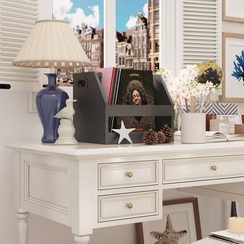 YMYNY Record Storage Holder, Vinyl Album Box Crate with Handle, Book Shelf Desktop Organizer Trapezoidal LP Record for Folders, Books, Photo Albums, Black,14.96*11.42*11.42" UHCD001B