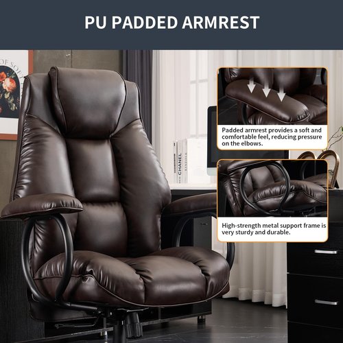 ATMILD Office Chair Big and Tall, High Back Executive Chair with Ottoman, 400 lbs, Ergonomic Office Chair with Padded Armrest, PU Leather (Dark Brown)