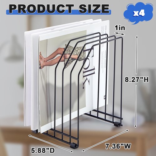Chivertion 4 Pcs Wire File Organizer for Desk 6 Sections Metal Magazine File Holder Sorter for Binder Office Classroom School Paper Mail Book Storage, Black, 8.27 x 7.36 x 5.88 Inch