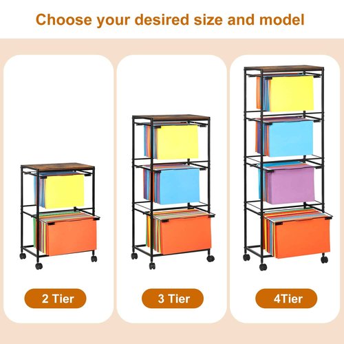 TQVAI Hanging File Folder Organizer, 3-Tier Rolling File Cart with Wheels, Letter Legal Size Folders Hangers for Office, Home, Classroom, Black