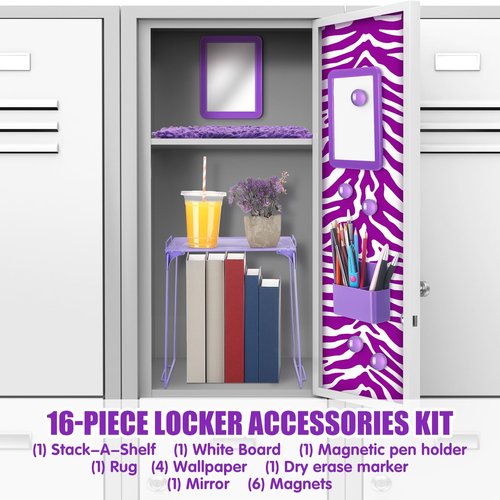 Pinkunn 16 Pieces Locker Organizer Accessories Kit Wallpaper Magnetic Whiteboard Magnets Mirror Dry Eraser Marker Rug Magnetic Storage Cup Organizing Shelf for Back to School Party Essentials(Purple)
