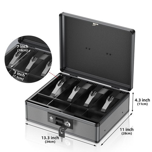Lockbako Locking Cash Box with Money Tray and Key, Secure Money Safe Box for Cash, Portable Money Box with 2 Storage Spaces, Money Saving Organizer(Black, Extra Large)
