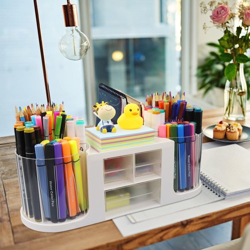 Flytreal Pencil Holder for Desk, Rotating Pen Desk Organizers and Accessories with 3 Small Drawers, Spinning Art Supplies Stationary Storage Caddy for Home Office Teacher School Kids(White)