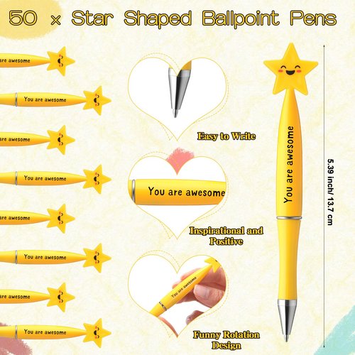 Qilery Employee Appreciation Gifts Bulk Inspirational Star Ballpoint Pens with Motivational Cards Thank You Gifts Back to School Supplies for Teachers Students Coworkers Staff Team(50,Awesome)