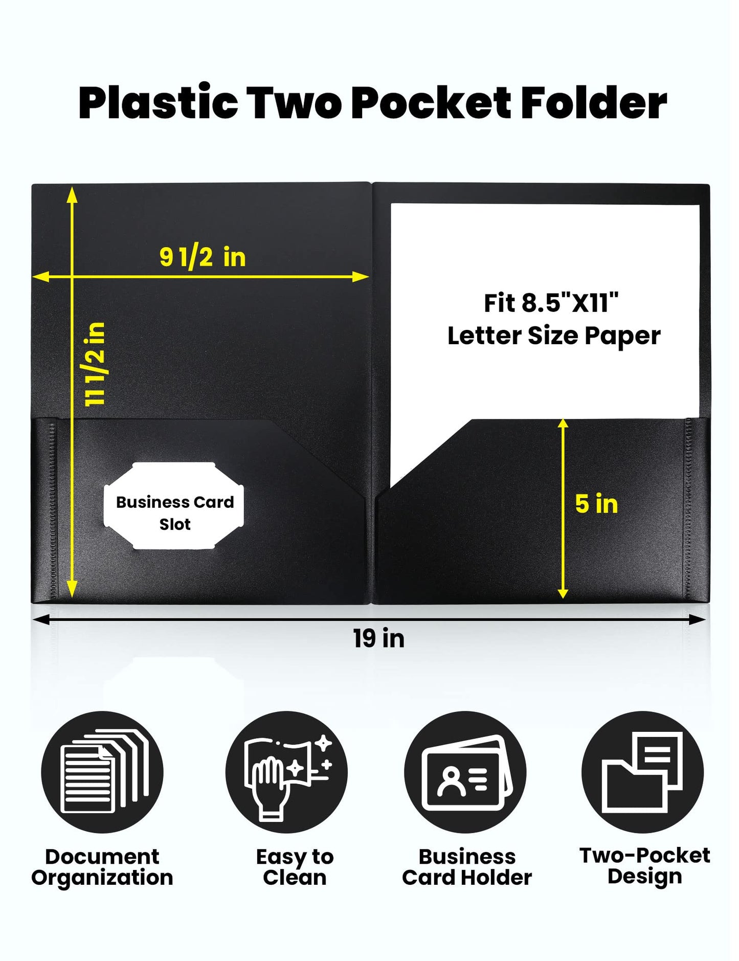 SUNEE 2 Pocket Folders (6 Pack, Black) Heavy Duty Plastic Folders with Pockets Fit Letter-Size Papers, Two-Pocket Poly Folder Bulk for School, College, Office