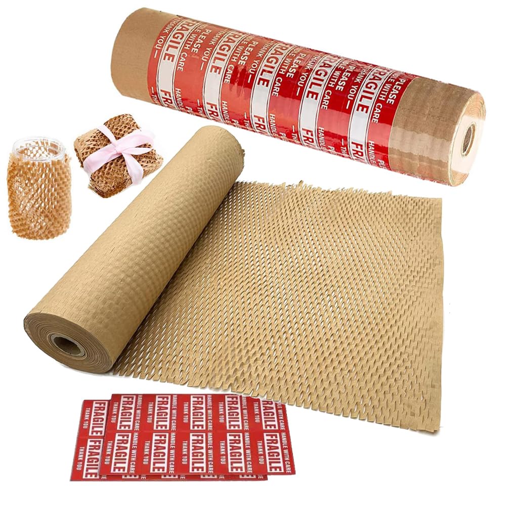 Honeycomb Packing Paper 12" W x 60' L Packing Paper for Moving Products & Gifts Honeycomb Wrapping Paper Recyclable and Biodegradable Cushioning Packing Material with 20 Fragile Stickers