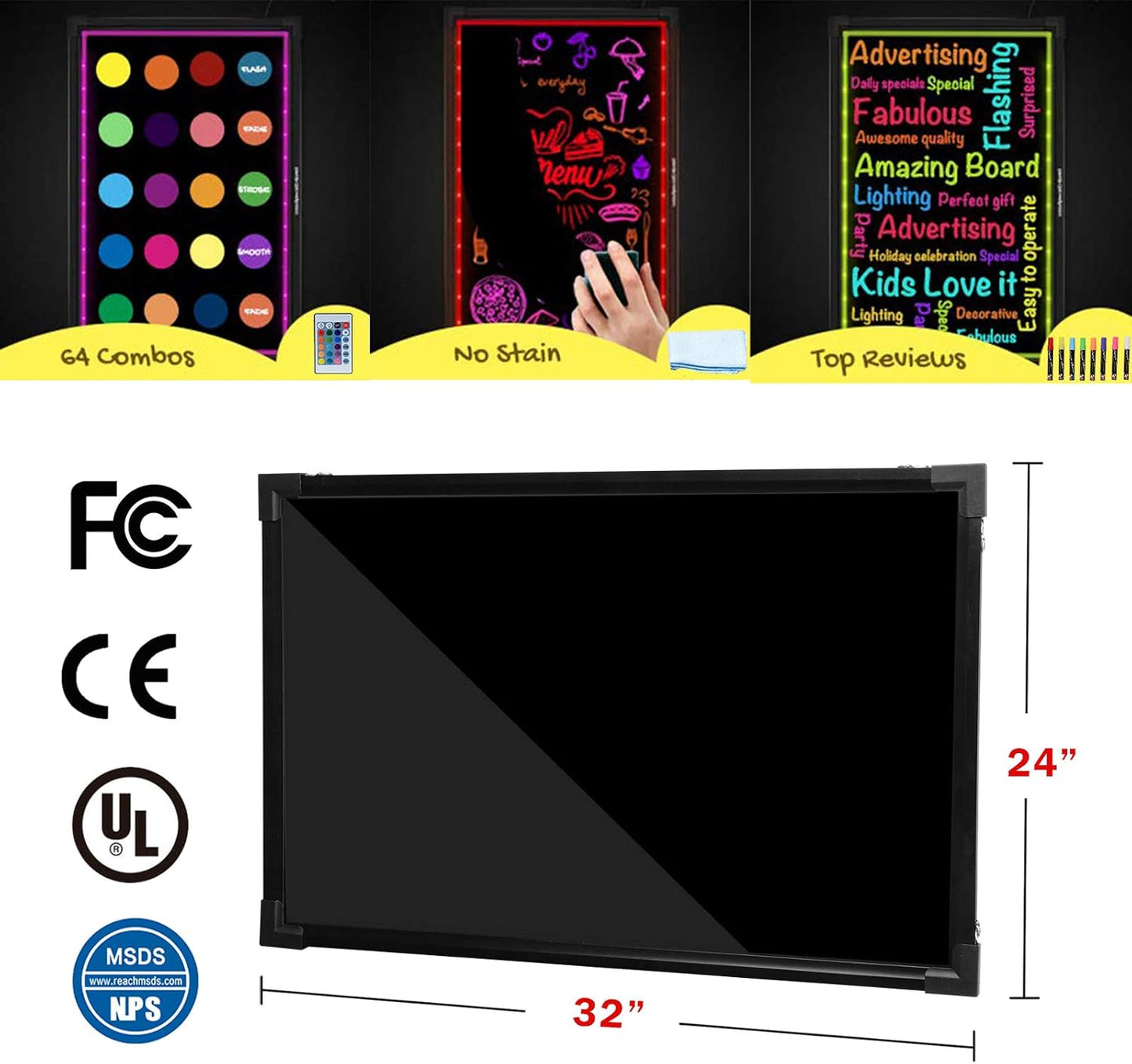 Voilamart LED Message Writing Board - 32" x 24" Illuminated Erasable Chalkboard with Remote Control & 8 Color Markers