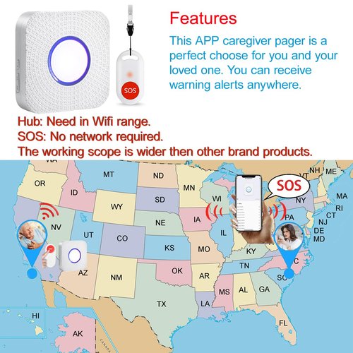 WiFi Caregiver Pager Wireless Call Button Nurse Alert System for Home/Elderly/Patient/Disabled with Phone App One Call Button One WiFi Receiver(only Supports 2.4GHz Wi-Fi)