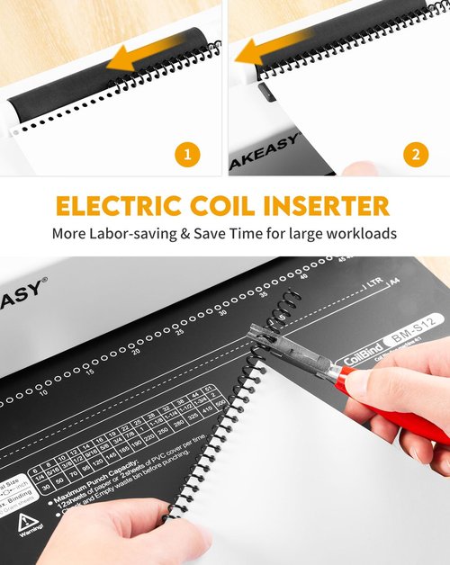 MAKEASY Spiral Binding Machine, 12 Sheets Punch Capacity, Electric Coil Insert, Book Binder Machine for A4/A5/Letter Size Paper, Come with 1 Box pcs 5/16'' Coils & Pliers