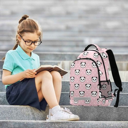 MNSRUU School Backpack with Chest Strap, Dot With Cute Panda Laptop Backpack, Travel Hiking Backpack for Boys Girls, Rucksack, Knapsack