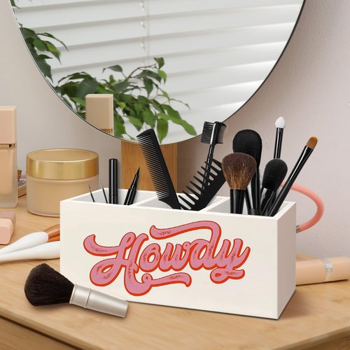 AQYIP Pink Western Howdy Wooden Pen Pencil Holder for Desk Accessories, Western Office Decor, Cowgirl Gifts for Women Wood Makeup Brush Toothbrush Holder Organizer for Vanity Bathroom