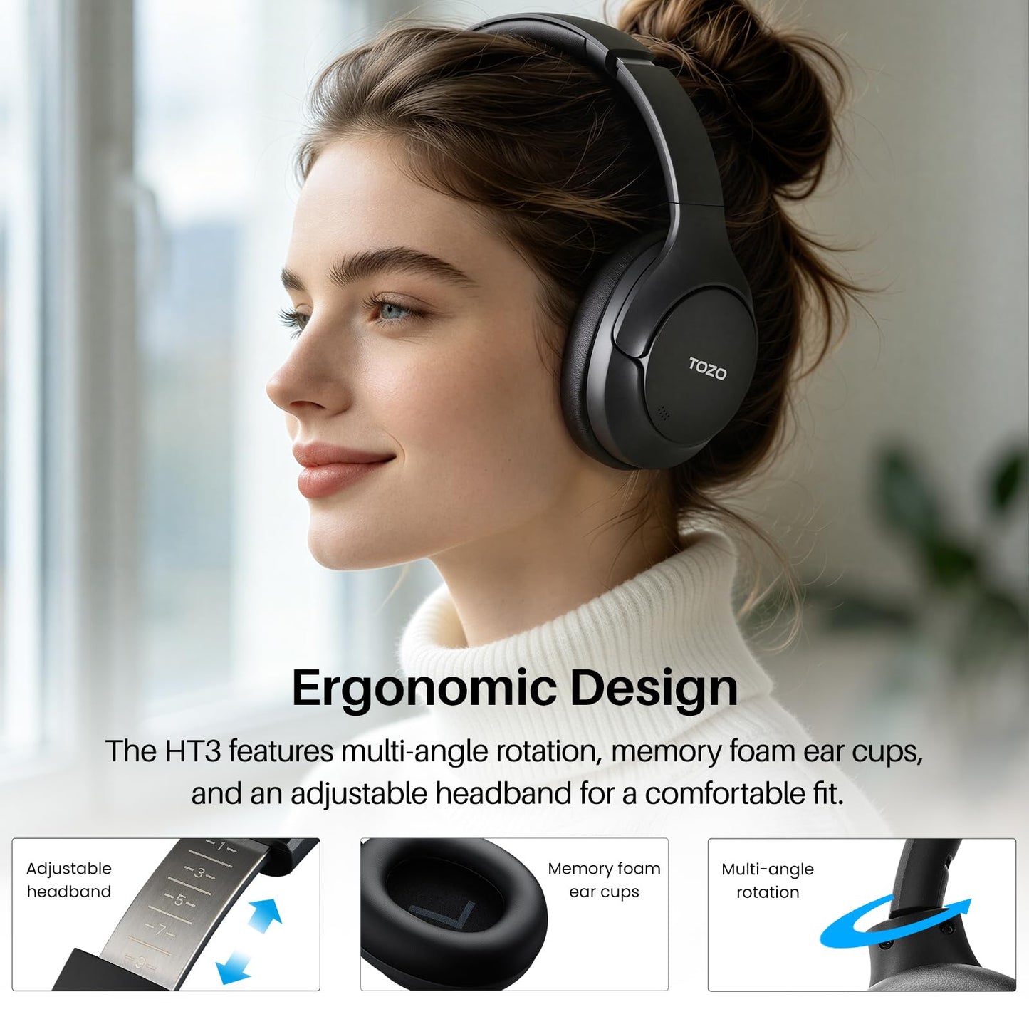 TOZO HT3 Hybrid Noise Cancelling Headphones, 90H Battery Life Wireless Over Ear Bluetooth 6.0 Foldable Headset, AI Voice Assistant with 5 Mics, Connect 2 Devices and Hi-Res Sound, 32 EQ Audio Presets