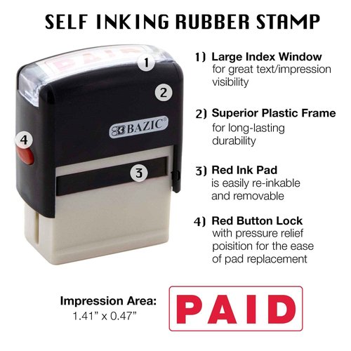 BAZIC Products Paid Self-Inking Stamp with Red Ink for Office, Business, and Documents, Easy Refillable Pad, Crisp & Clear Impressions, 24-Pack