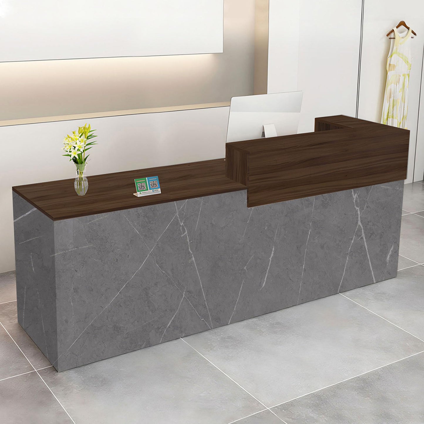 Modern Reception Desk with Drawer & Open Shelves, 39-95 Inch Front Counter Table, Computer Workstation Suitable for Salons, Offices, Lobbies, Retail Stores and Home Offices