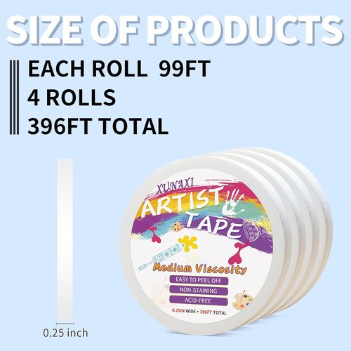Artist Tape - Medium Tack White Art Tape for Watercolor & Drafting | 4 Packs, 0.25in Wide, 396ft Total