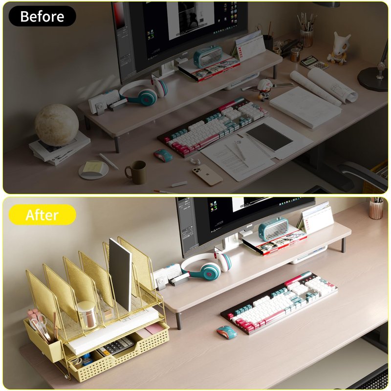 LEKETREE Gold Desk Organizer, Office Organization with Vertical File Holder, File Organizer with Drawer and Pen Holder, Desk Accessories and Workspace Organizers for Home Office (Gold)