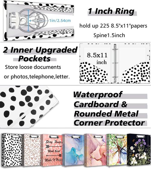 BVSSX 3 Ring Binder Organizer - 1 Inch Binder with Clipboard & 5 Tab Dividers | Polka Dot, Letter Size