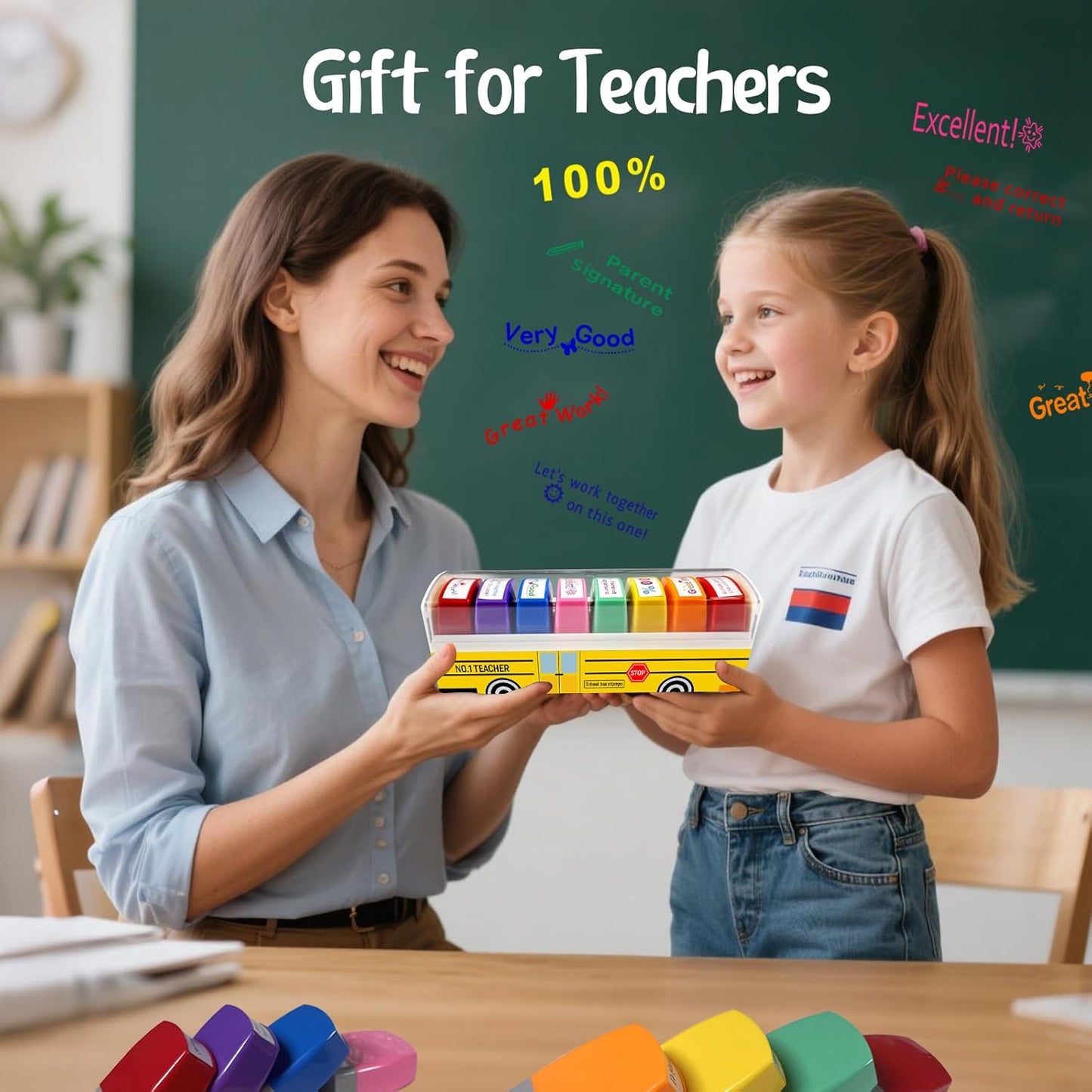 Teacher Stamps - Self-Inking Grading & Motivation Stamps | Perfect Gift for New Teachers (8 Pcs)