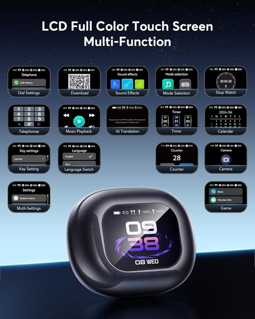 AI Language Translator Earbuds, OWS LCD Touchscreen Real-Time Translation for 144 Languages & Accents Includes Free Subscription Translation Device Earphones for Travel Business Learning Black