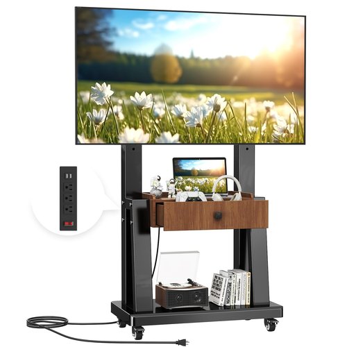 Rolling TV Cart with Power Outlet, Mobile TV Stand with Drawer and Wheels, Height Adjustable Mobile TV Cart for 23-75 inch,Screen Up to 150lbs,TV Stand for Bedroom,Indoor,Outdoor (Walnut)