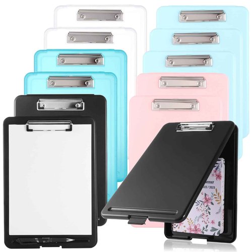 12PCS Plastic Clipboards with Storage, 9.5 x 13.5 Heavy Duty Portable Writing Boards for A4 Paper, Nursing Foldable Clip Board with Metal Clip for Nurse Teacher Student Classroom Office (Bright Color)