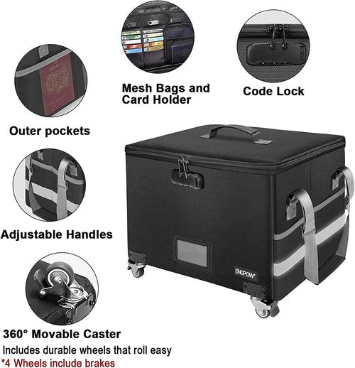 ENGPOW Fireproof Document Box with Wheels, Collapsible File Box with Lock, Rolling File Storage Organizer Filing Cabinet with Pockets, Portable Home Office Safe for Hanging Letter/Legal Folder, 2 Pack