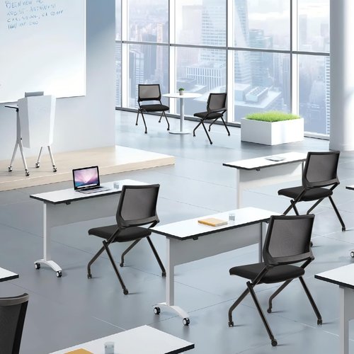 CLATINA Stackable & Foldable Chairs with Wheels, Reception Guest Chairs with Lumbar Support, Ergonomic Mesh Back Folding Chair for Office Meeting Schools Training Conference Waiting Room, Black