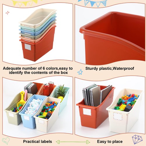 Suzile 12 Pcs Book Storage Bins with Labels Plastic Boho Folder Magazine File Holder Interlocking for Office Classroom Home book Organizer Container (Classic Colors)