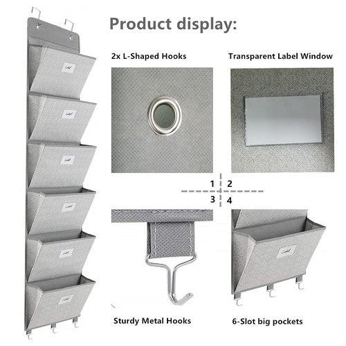 Geodurn Over The Door File Organizer - 6 Extra Large Pockets Hanging Wall Mounted Storage Files Holder Pocket Chart for Magazine, Notebooks, Planners, Mails etc. Office Home Supplies