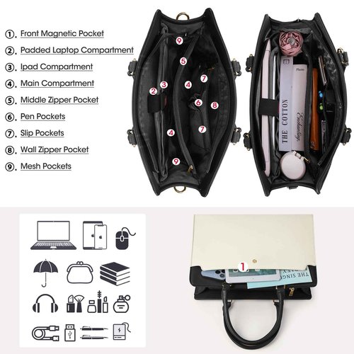 RAINSMORE Laptop Bag for Women 15.6 Inch Laptop Tote Bag Leather Work Bag Waterproof Womens Briefcase Business Office Computer Tote Large Capacity Handbag, Beige and Black