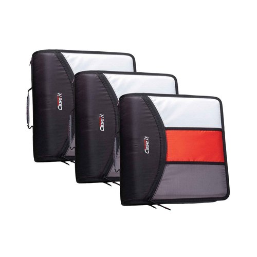 Case-it The Mighty Zip Tab Zipper Binder - 3 Inch O-Rings - 5 Color Tab Expanding File Folder - Multiple Pockets - 600 Sheet Capacity - Comes with Shoulder Strap - Black D-156-B (3Pack)