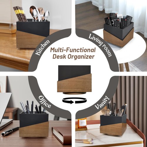 DUO GE MAO Rotating Pen Holder for Desk, Black Pencil Holder Pen Cup with Wood Grain Veneer, Wooden Desktop Pen Organizer Desk Caddy Organizer for Makeup Brush, Flatware, Remote Control