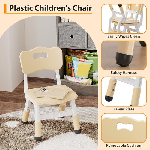 Skiennix Adjustable Kids Chairs - 3-Level Height Toddler Chairs with Non-Slip Base | Stackable Design for Ages 2-8, Natural Finish