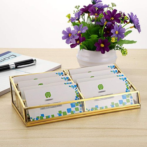 Hipiwe Glass Business Card Holder Stand 8 Slot Name Cards Display Storage Holder Gold Metal Business Cards Organizer for Office Desktop Countertop