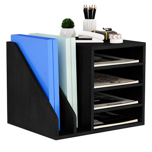 Senhoglb Wood Desk Organizer File Holder, Wooden Mail Organizer Countertop with Adjustable Compartments, Desktop File Organizer Paper Sorter for Home, Office and School, Envelope Organizer, Black